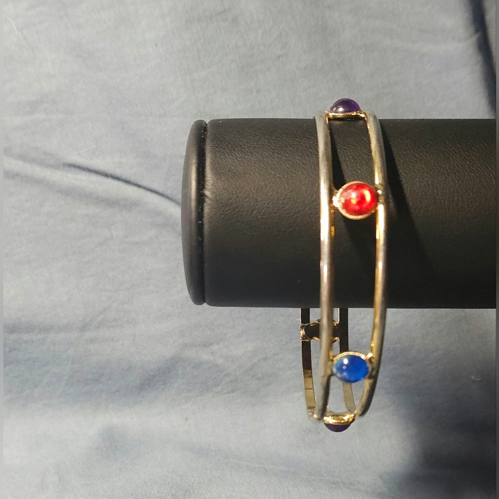 Vintage Gold Tone Bangle Bracelet with Red Blue Purple Accents